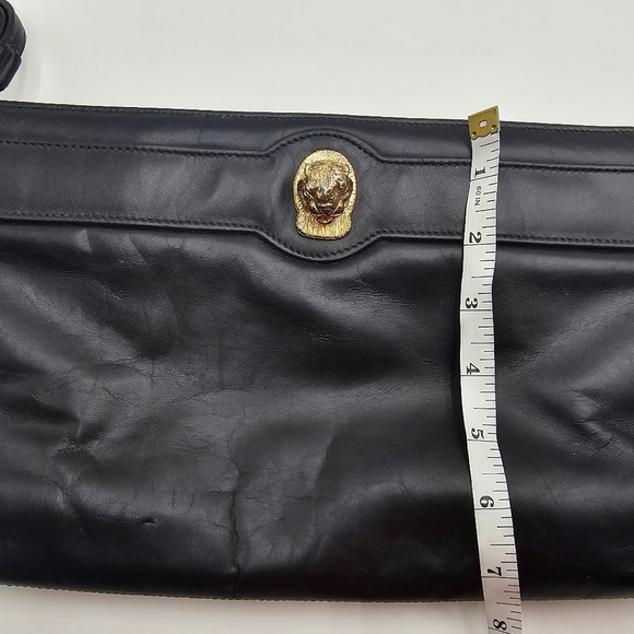 Vtg Ruth E Saltz Black Black and Gold Jaguar Leather Clutch with Hand Strap - Picture 12 of 13